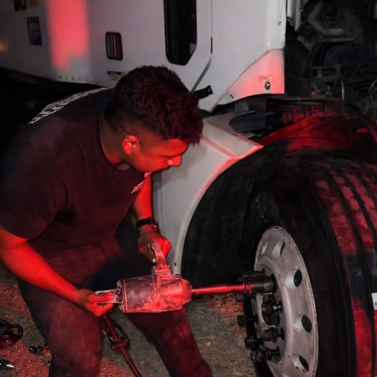Mechanic using a pneumatic wrench to loosen a lug nut on a truck wheel at night under red work lights