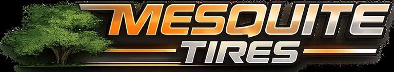 Mesquite Tires logo with orange text and green tree illustration