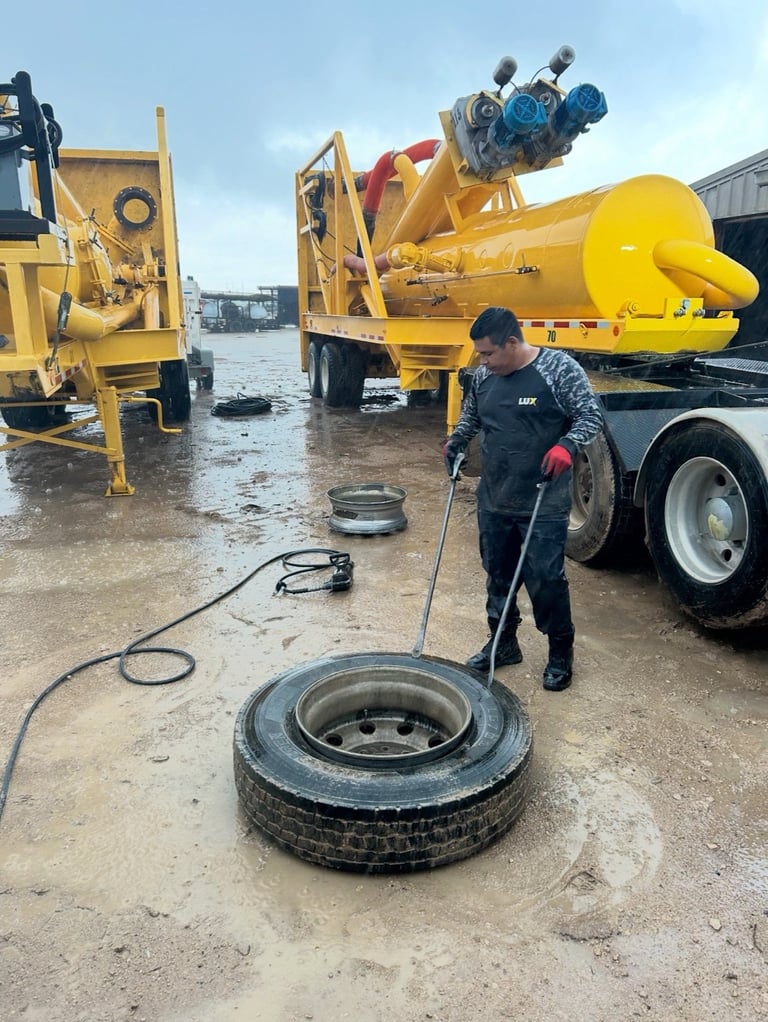 Worker spraying water on a large truck tire with yellow industrial equipment in the background at an industrial yard