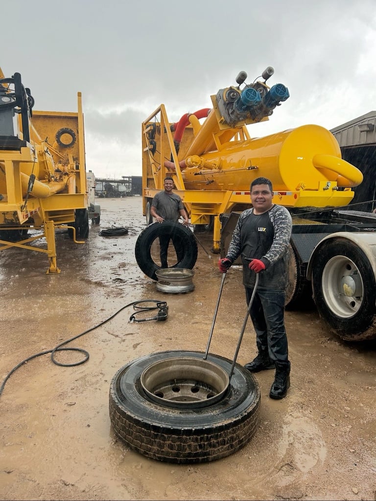 Two workers in protective gear handling old tires at an industrial construction equipment yard with yellow machinery in the background