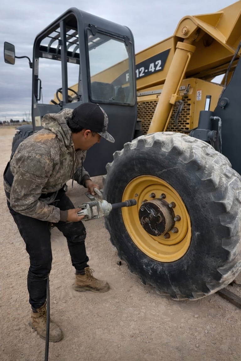 Worker inspecting or servicing a large tire on a yellow construction vehicle